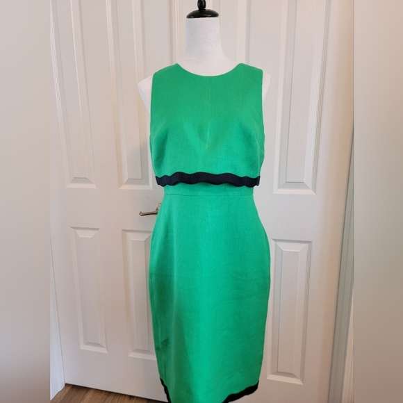 NWT J. Crew 100% Linen Shealth Midi Dress In Kelly Green/Navy Trim Size 8 - Picture 1 of 13